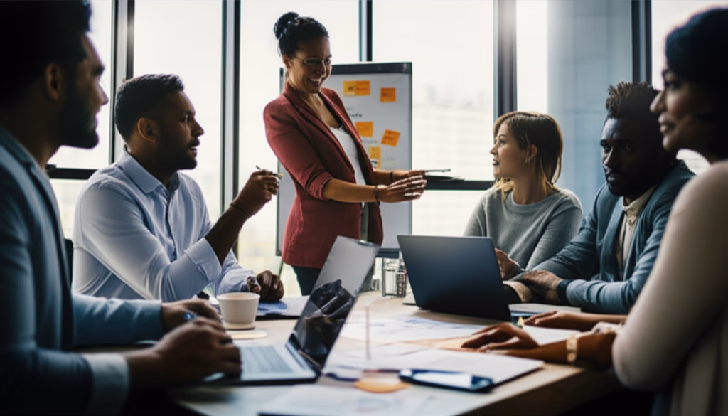 Diverse team of professionals collaborating effectively in a modern meeting room, engaged in a productive discussion and brainstorming session, symbolizing successful business teamwork.