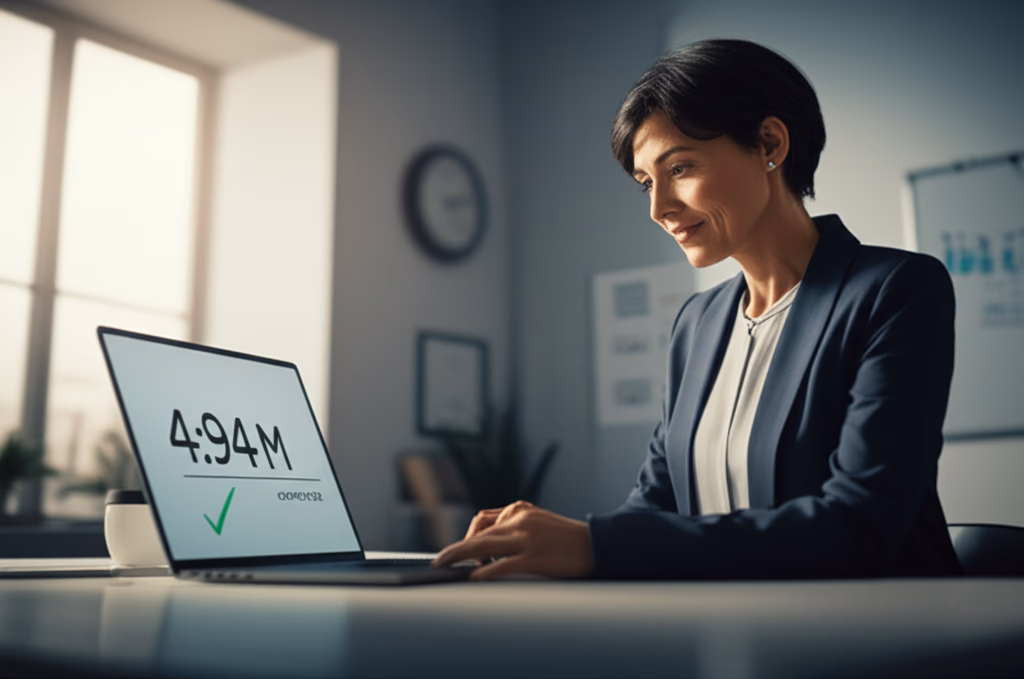 Professional looking at laptop screen with satisfaction after successfully meeting a project deadline, symbolizing productivity and effective time management.