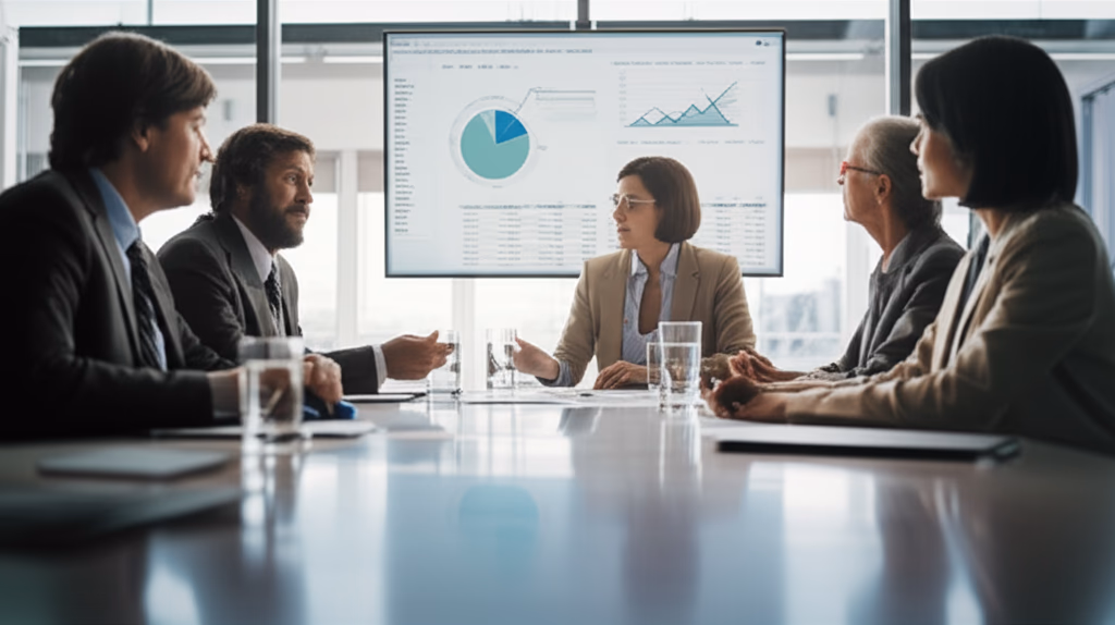 A diverse business team making an important corporate decision in a modern meeting room, signifying strategic agreement and leadership.