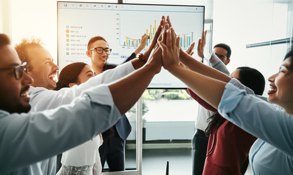 Diverse team celebrating achieving business goals, high-fiving in a modern office, symbolizing success and collaborative goal attainment.