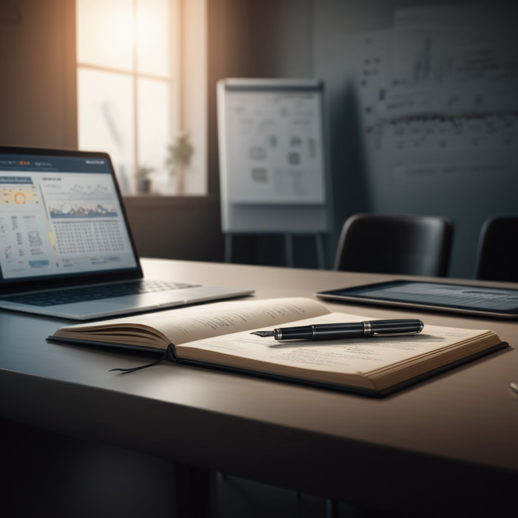 Close-up of a notebook with handwritten meeting minutes, a laptop displaying an agenda, and a pen on a modern conference table, symbolizing effective business documentation.