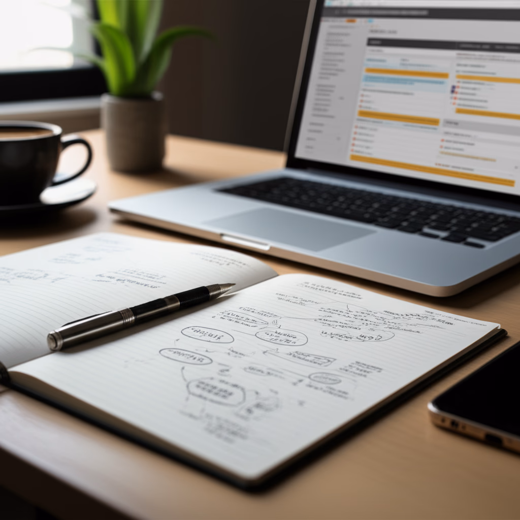 Close-up of a professional's hand writing clear, actionable meeting notes in a notebook with a pen next to a laptop on a desk, representing efficient meeting summaries and productivity.
