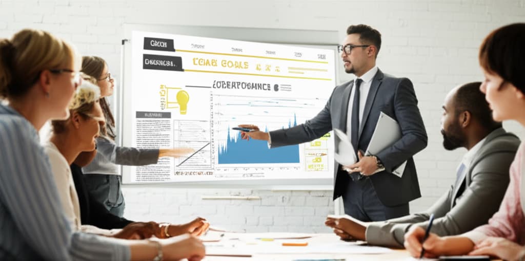 A diverse business team actively collaborating in a modern conference room, focused on meeting objectives and achieving strategic goals through effective teamwork and planning.