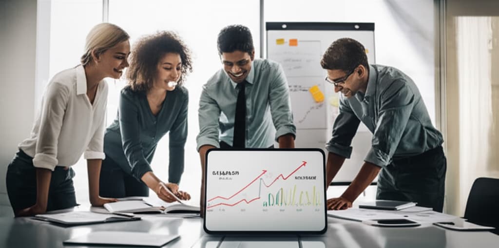 Diverse professional team reviewing successful meeting outcomes and positive business results on a large screen in a modern conference room, illustrating effective collaboration and clear decisions.