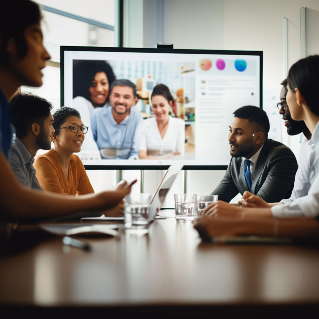 High-quality realistic image of a diverse team giving a professional meeting presentation in a modern conference room