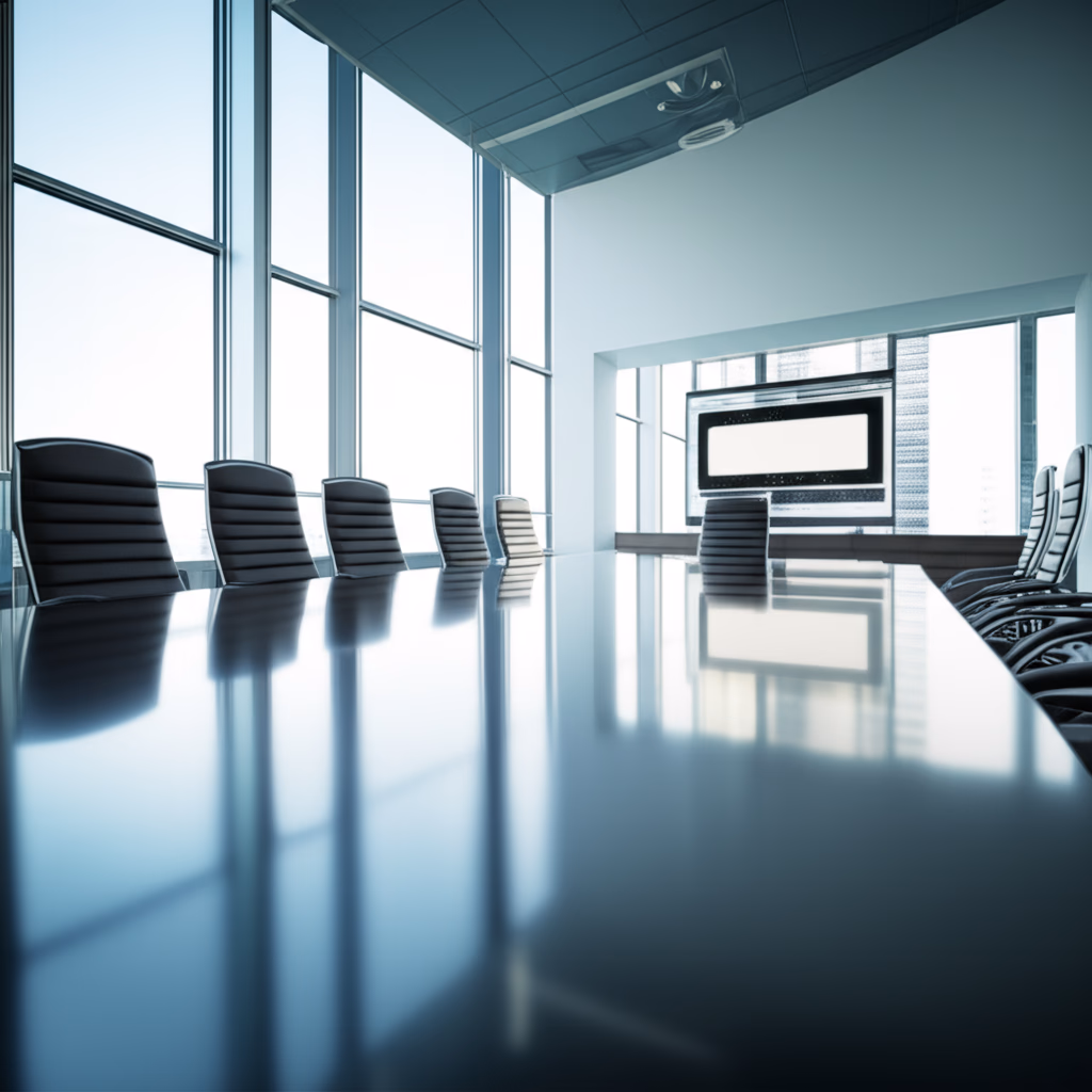 High-quality realistic image of a modern meeting room with a large conference table, ergonomic chairs, and a display screen, bathed in natural light. Ideal for professional business environments and collaborative workspaces.