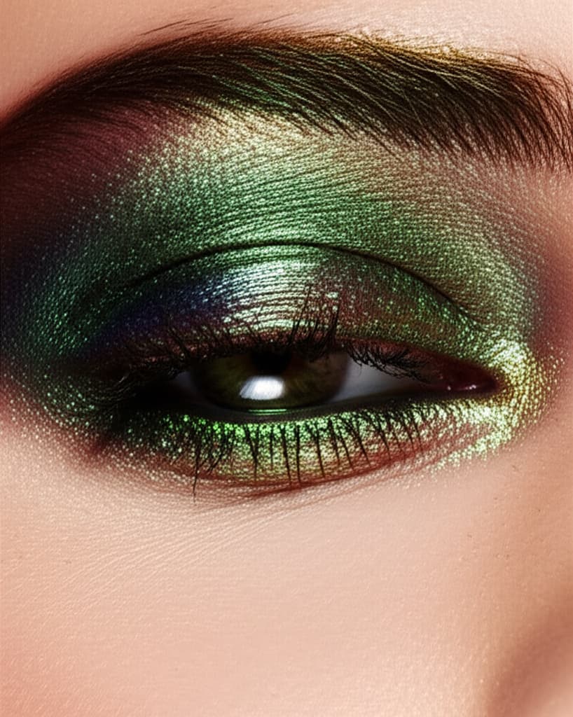 Close-up of a woman's eye showcasing a beautifully applied, highly reflective metallic eyeshadow in a vibrant shade, with visible shimmer and precise blending.