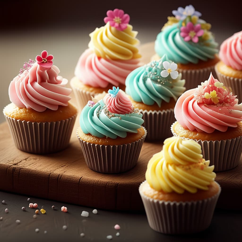 Close-up of an assortment of colorful gourmet mini cupcakes with various frostings and sprinkles on a rustic wooden serving board, perfect for parties and desserts.