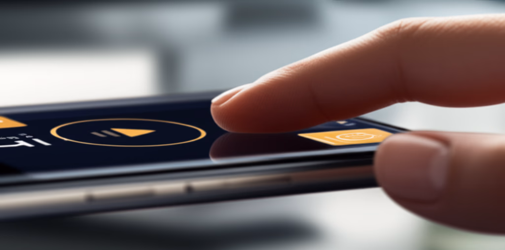 Close-up of a smartphone screen displaying a sleek mobile UI/UX design, with a hand interacting, symbolizing intuitive app interface and user experience.