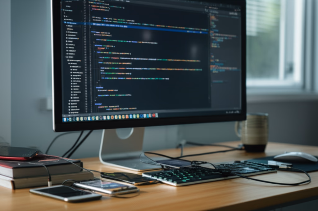 A detailed workstation setup showcasing essential mobile app development tools, including a monitor displaying code in an IDE, connected iOS and Android smartphones and tablets for testing, and other developer software for efficient app creation.