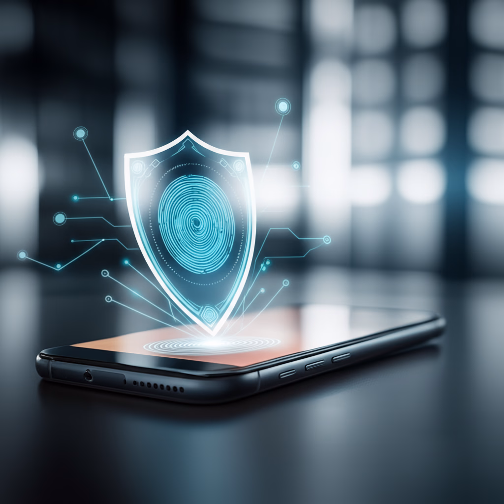 Highly realistic image of a smartphone with a digital security shield and biometric lock animation, representing advanced mobile security features and data protection.