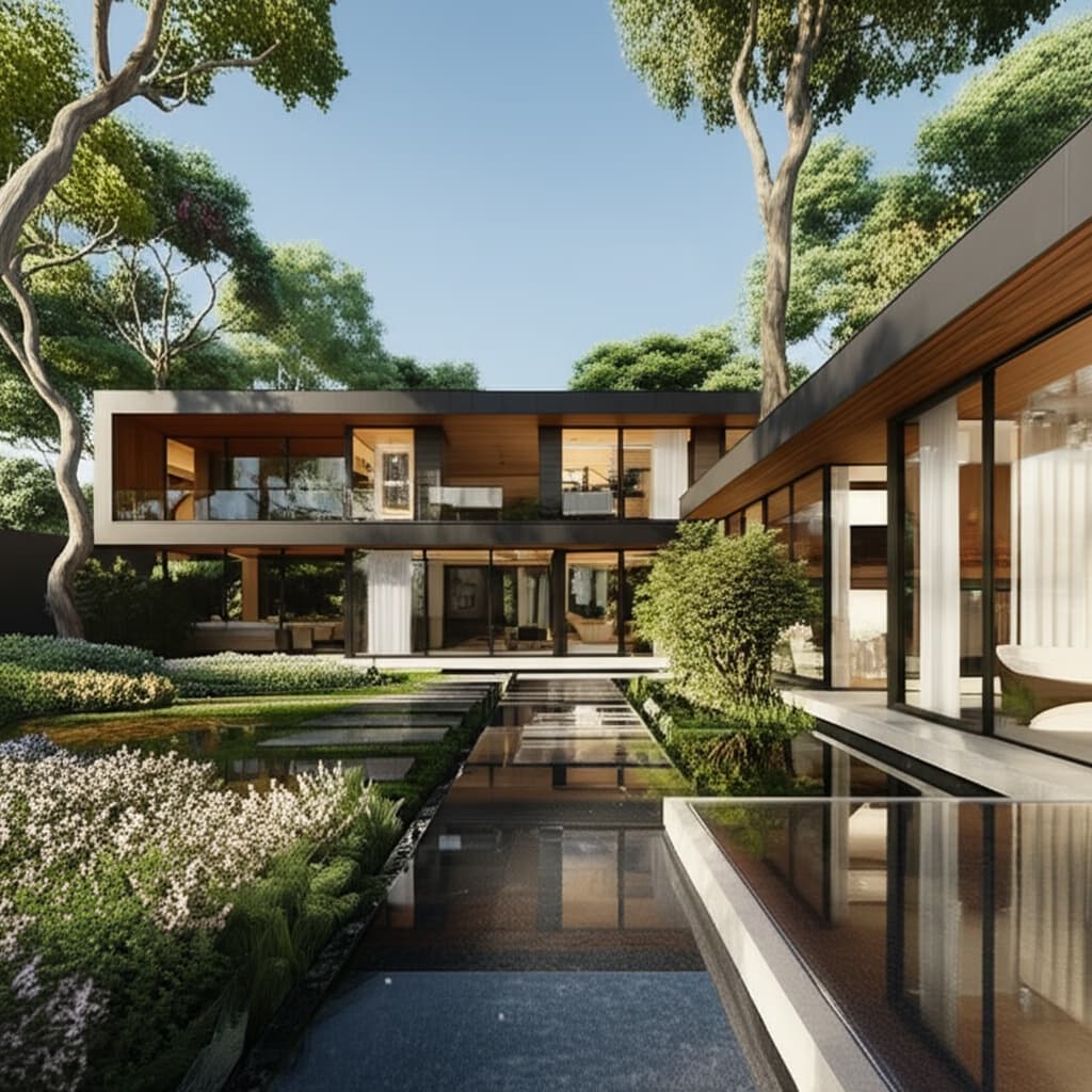 Sleek modern house exterior with large windows, minimalist design, and lush green landscaping. Contemporary architectural home showcasing innovative materials and clean lines.