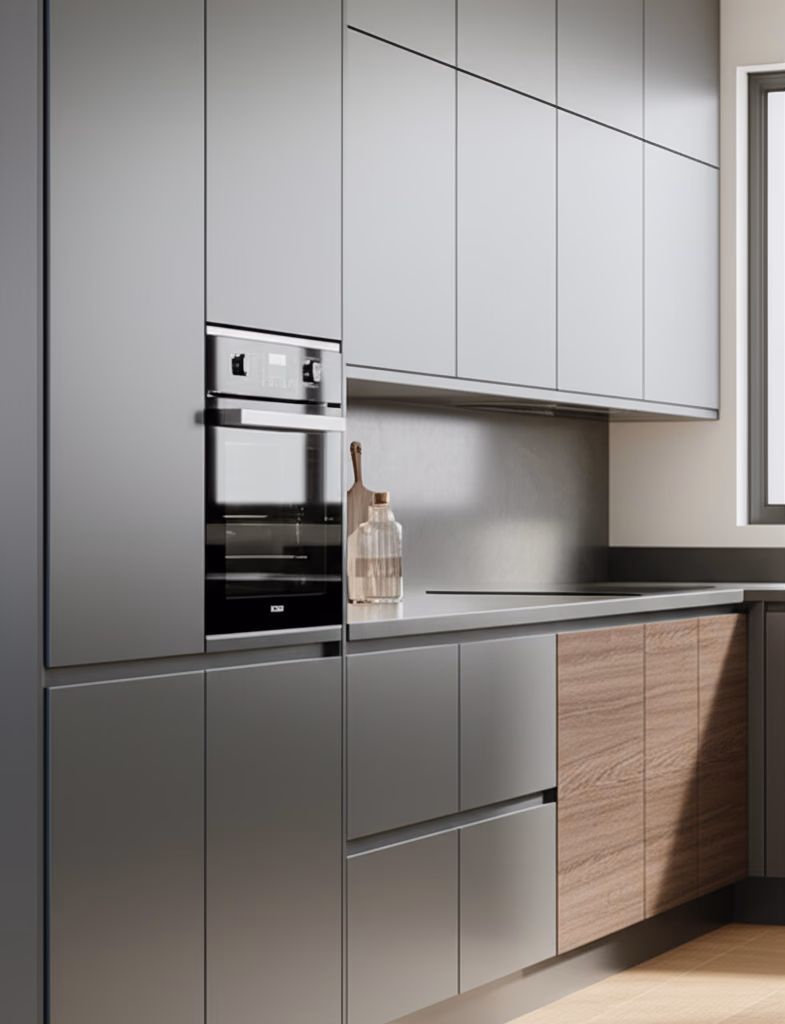 Sleek, handle-less modern kitchen cabinets in a contemporary setting, featuring a mix of matte and wood finishes with integrated appliances.