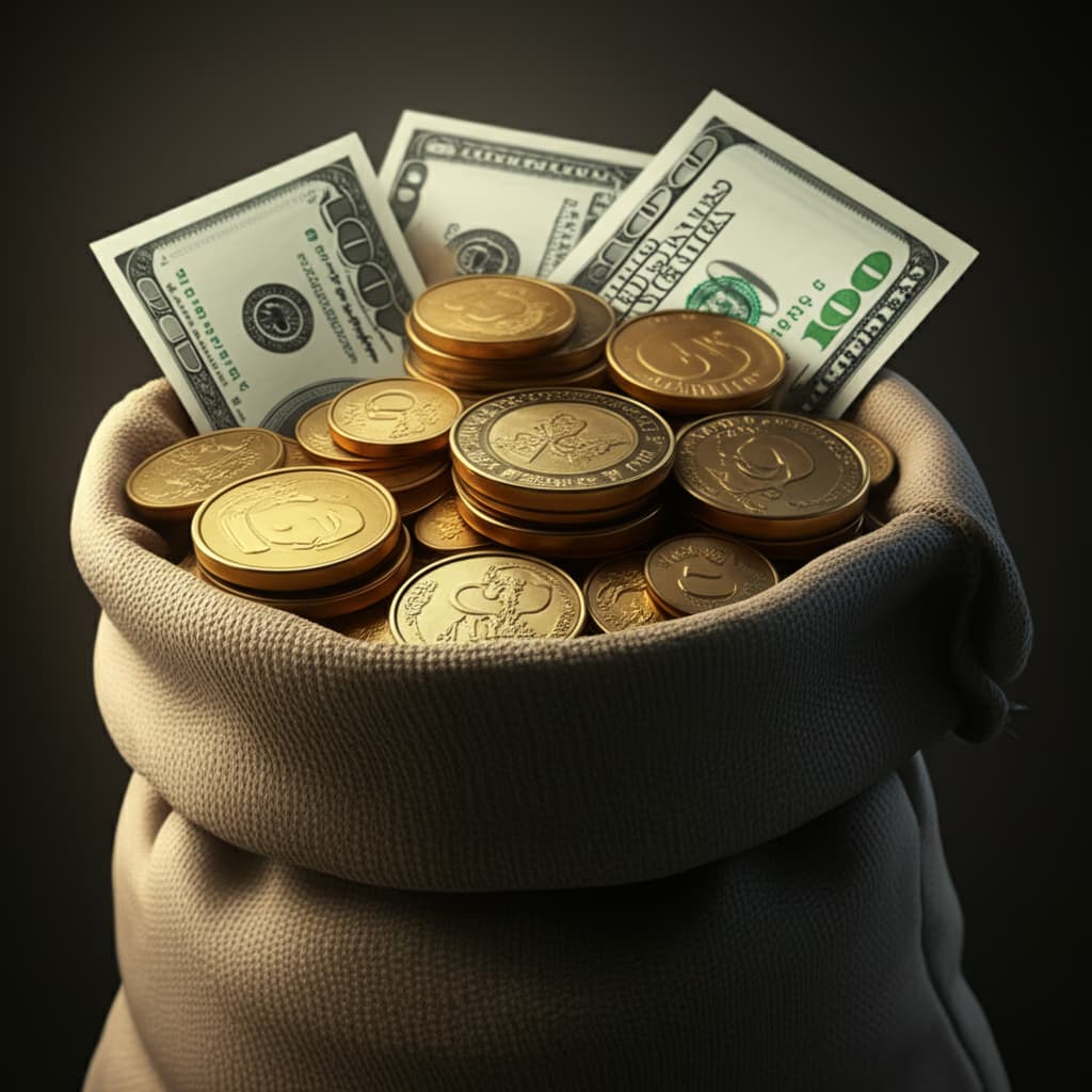 Realistic brown canvas money bag tied with a string, brimming with gold coins and crisp US dollar bills, symbolizing financial growth and prosperity.