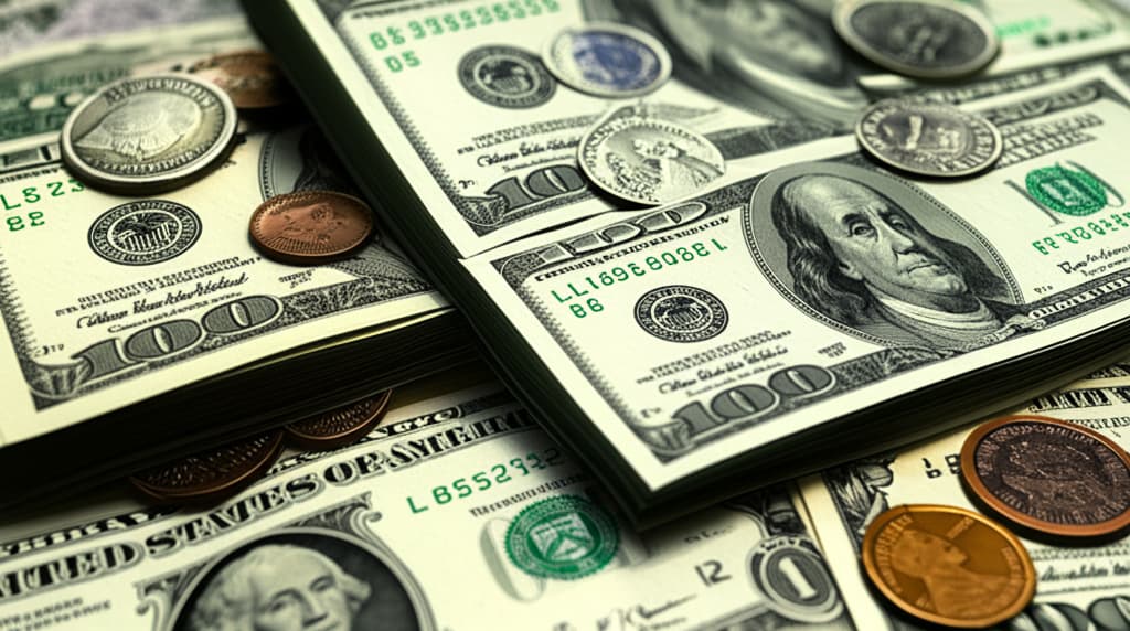 Close-up of hyperrealistic U.S. dollar banknotes and coins, showing detailed textures and security features. Includes stacks of bills and scattered coins with natural light and sharp focus.