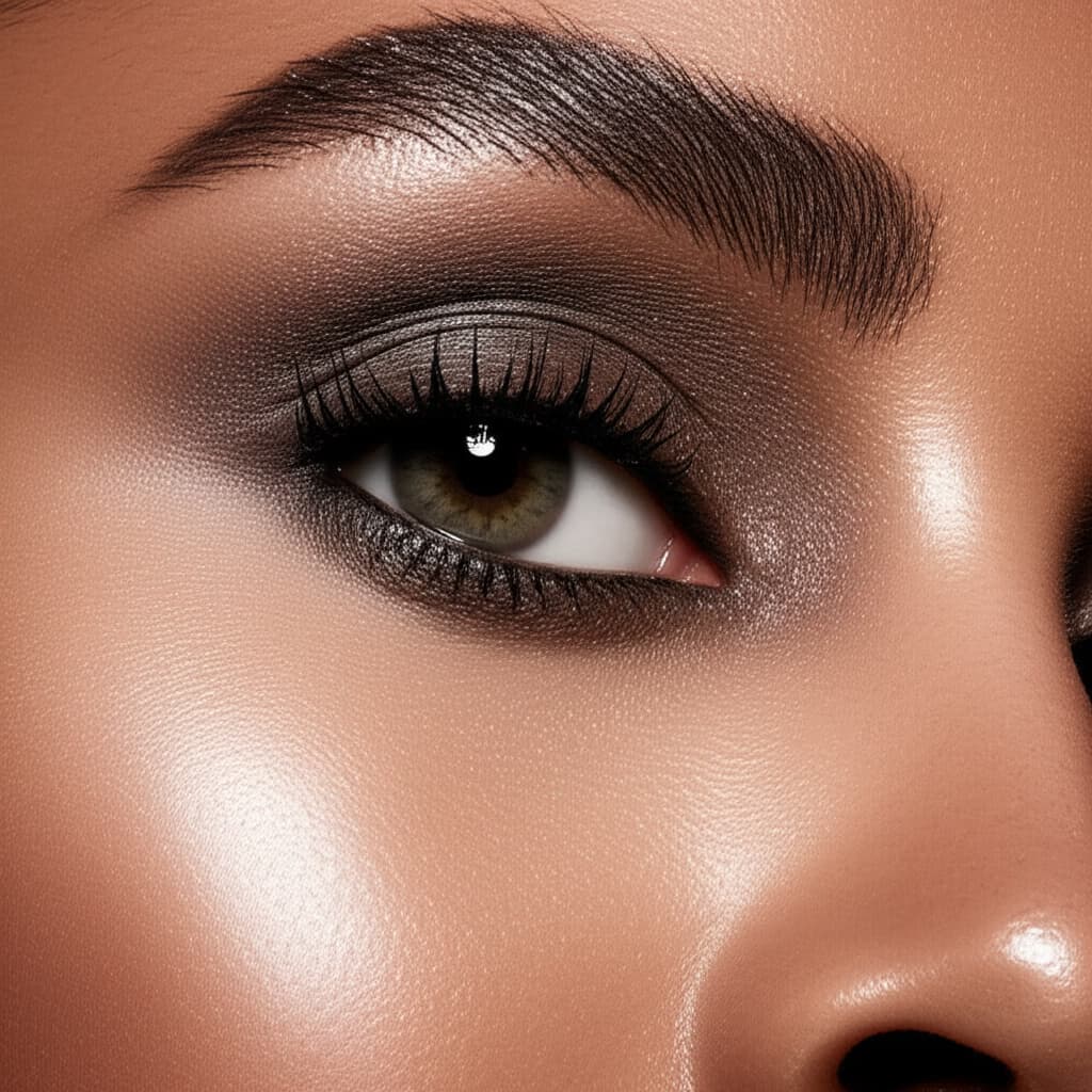 Close-up of a model wearing a beautifully blended monochrome eyeshadow look in a neutral tone, highlighting the simplicity and sophistication of single-shade makeup. Ideal for achieving an elegant, modern beauty aesthetic.