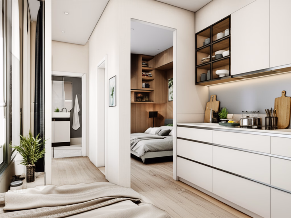 An interior view of a modern and comfortable mother-in-law suite, showcasing a compact living area, a small kitchenette, and a glimpse of the private bedroom. Designed for independent living with ample natural light.