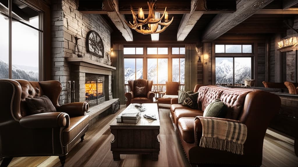 A cozy, rustic mountain cabin interior with a warm fireplace, comfortable leather furniture, wooden beams, and a large window offering a panoramic view of snow-capped mountains.