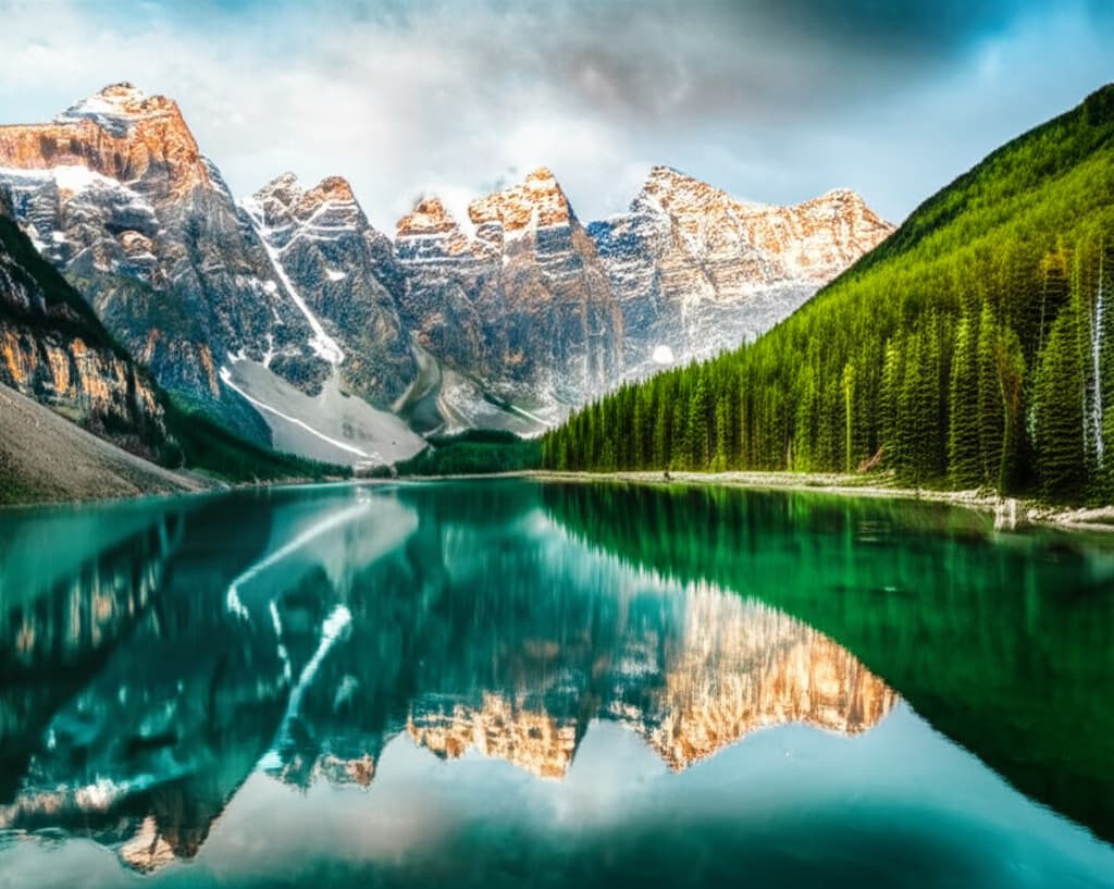 A breathtaking high-resolution image of a pristine mountain lake reflecting snow-capped peaks and evergreen trees under a vibrant sunrise sky.