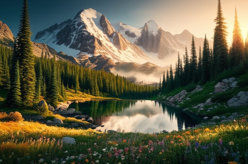 Ultra-realistic high-quality image of a majestic mountain landscape with snow-capped peaks, a pristine alpine lake, and green pine forests under a golden sky