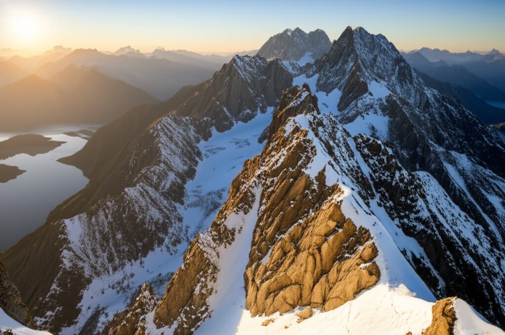 Panoramic view of majestic snow-capped mountain peaks at dawn, with a clear alpine lake reflecting the stunning natural landscape.