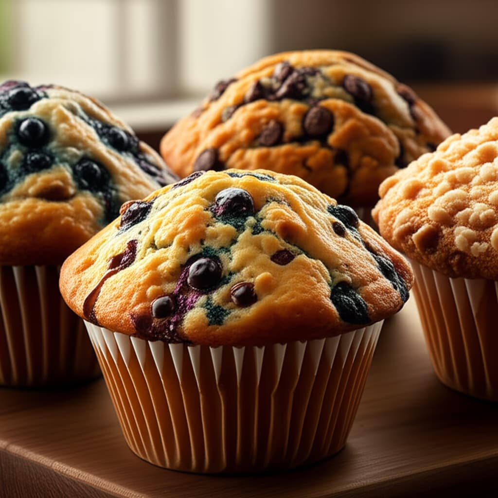 Assortment of freshly baked blueberry, chocolate chip, and streusel muffins on a wooden board, showcasing their detailed textures and golden crusts, ready to eat.