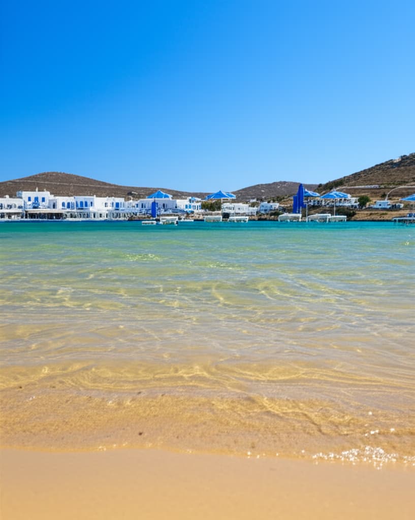 Stunning aerial view of a pristine Mykonos beach with transparent turquoise water, white sand, and traditional Greek Cycladic architecture on the surrounding hills under a blue sky.