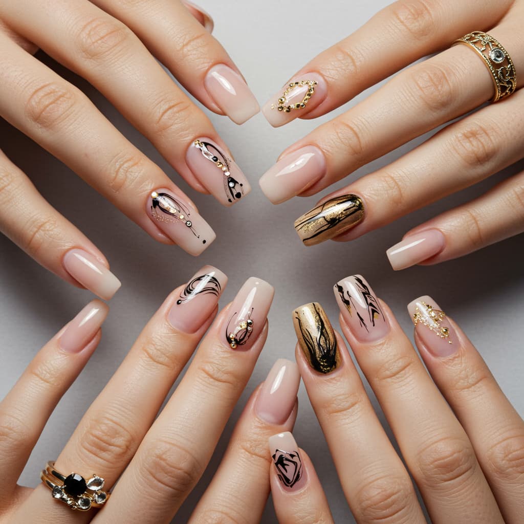 Creative nail art designs showing colorful manicure and decorative nail patterns