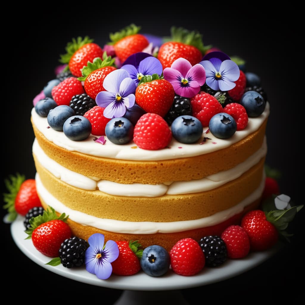 A multi-layered rustic naked cake decorated with fresh red berries, blueberries, and delicate white flowers, showcasing visible sponge and buttercream frosting, ideal for a minimalist wedding or elegant celebration.