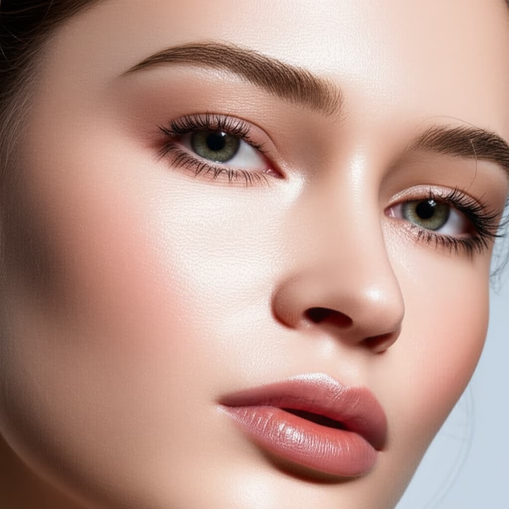 Close-up image of a woman with a natural makeup look, featuring glowing skin, subtle eye definition, and soft, natural lips. This image showcases radiant, barely-there beauty for everyday wear.