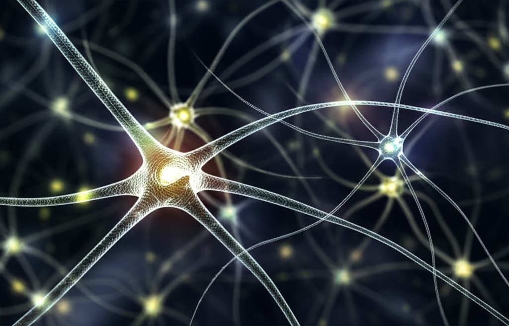 A detailed visualization of a neural network showing interconnected glowing nodes and intricate data pathways, representing AI and deep learning processes.