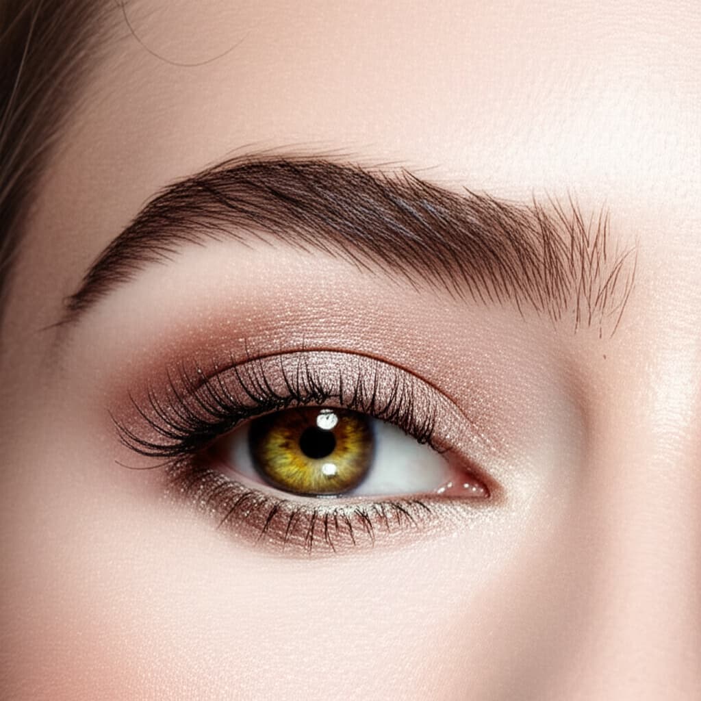 Close-up image of a model demonstrating a beautifully blended neutral eyeshadow look, featuring soft, earthy tones, subtle shimmer, and defined lashes, ideal for a natural and elegant appearance.