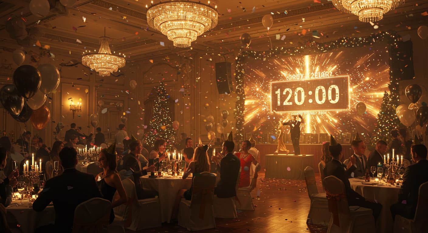 New Year celebration with fireworks, party decorations, and festive countdown setup