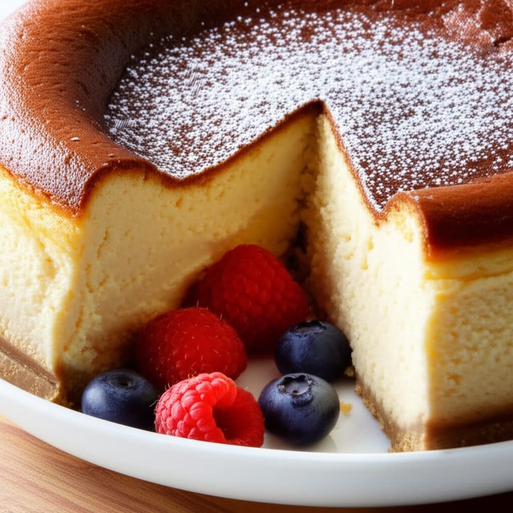 Slice of classic New York cheesecake on a white plate with fresh raspberries and blueberries, ultra-realistic