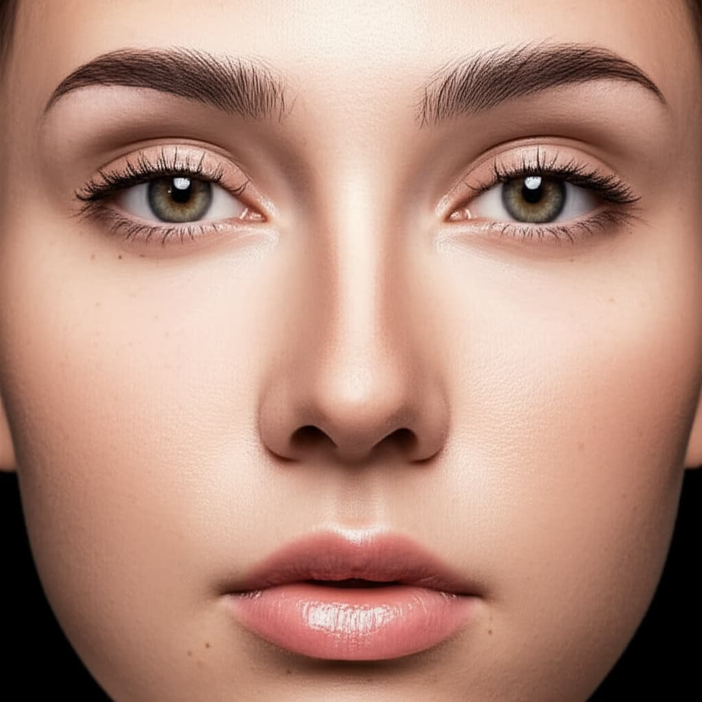 Close-up portrait of a woman with a natural 'no makeup makeup' look, featuring clear, radiant skin, subtle eye definition, and a soft, healthy complexion, emphasizing effortless beauty.