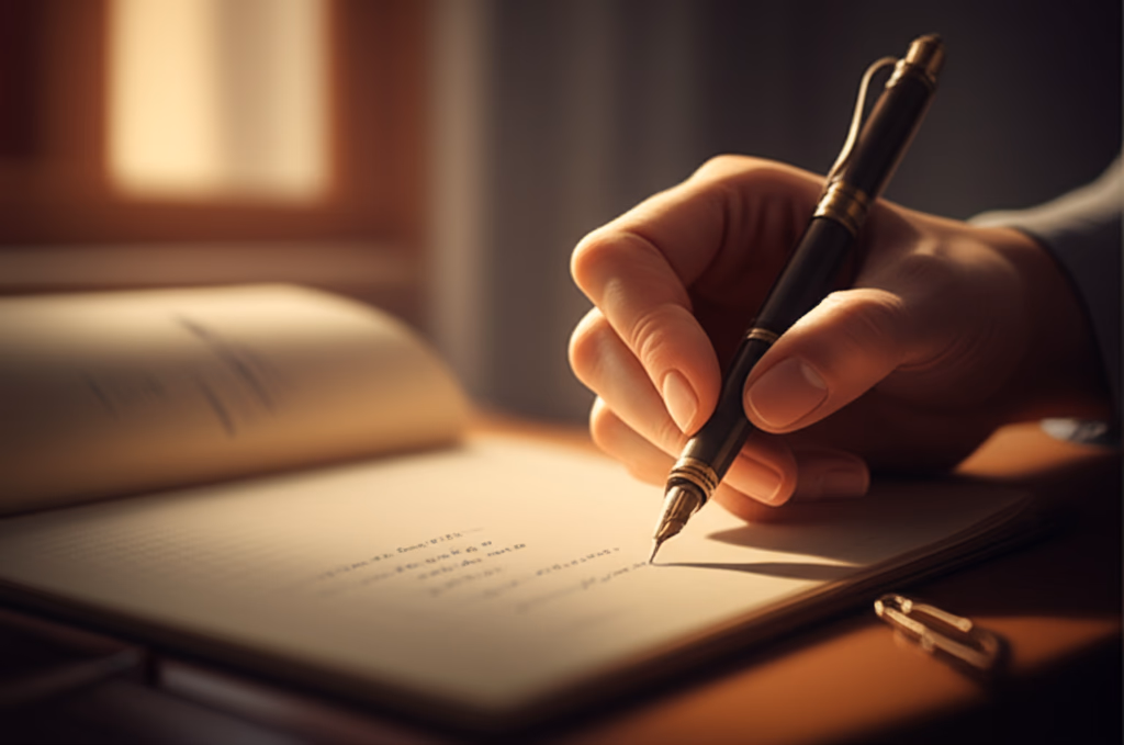 Close-up of a hand holding a pen and writing detailed notes in a minimalist notebook, showcasing the act of focused writing and creativity.