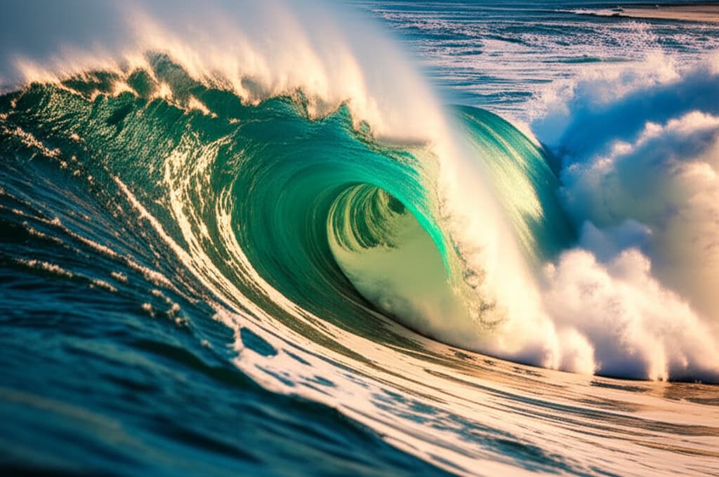 A powerful, natural ocean wave crashing near the shoreline with white foam and deep blue water, showcasing the immense beauty and movement of the sea.