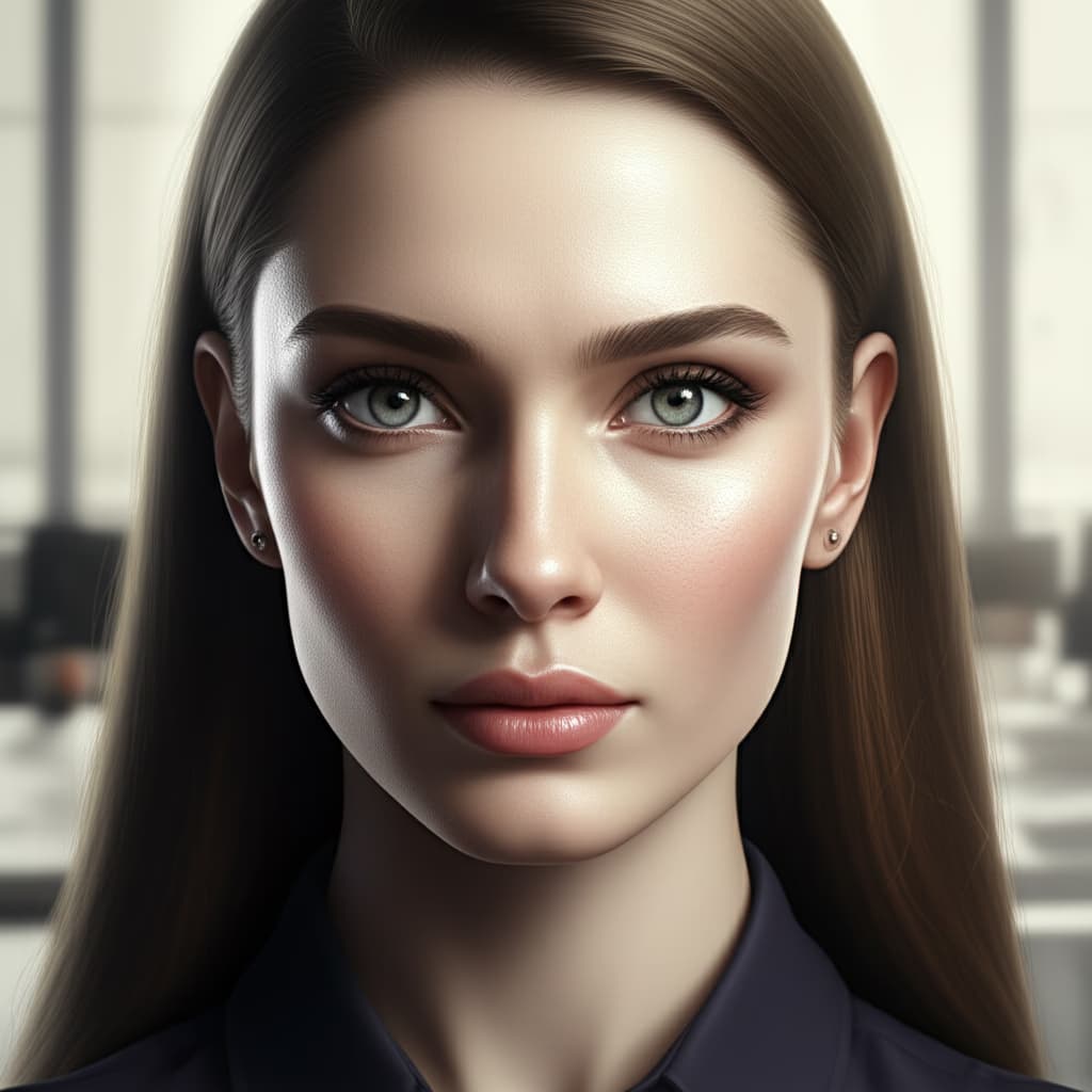 Close-up of a professional woman with a natural and polished office makeup look, featuring subtle eyeshadow, defined brows, and nude lipstick, suitable for a corporate environment.