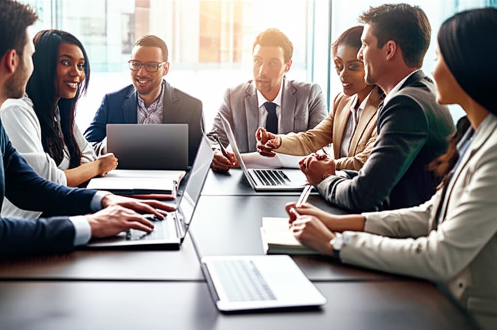 A diverse team of professionals actively participating in a collaborative office meeting in a modern conference room, discussing strategy and working together on a project.