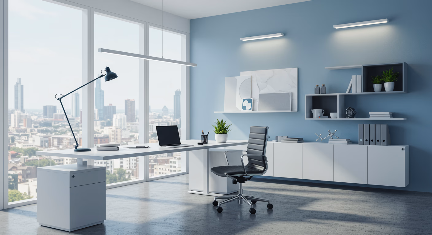 Clean modern office workspace with desk, computer, and organized supplies