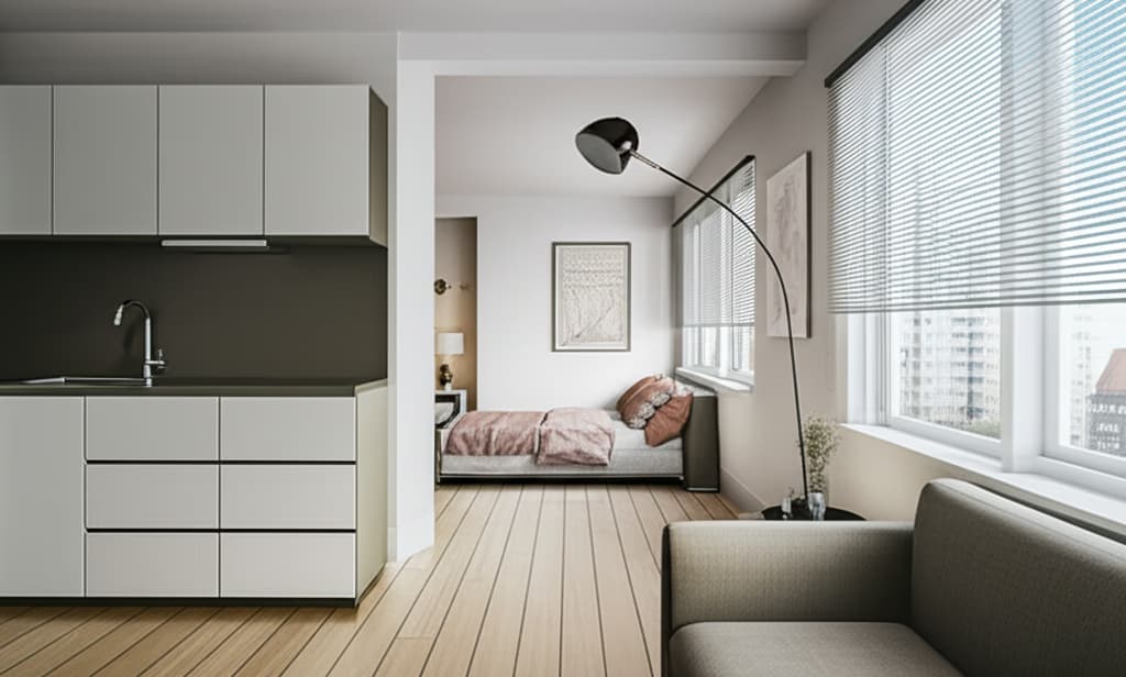 Interior view of a modern and cozy one-bedroom apartment, featuring a stylish living room, compact kitchen, and a well-lit bedroom with contemporary furniture.