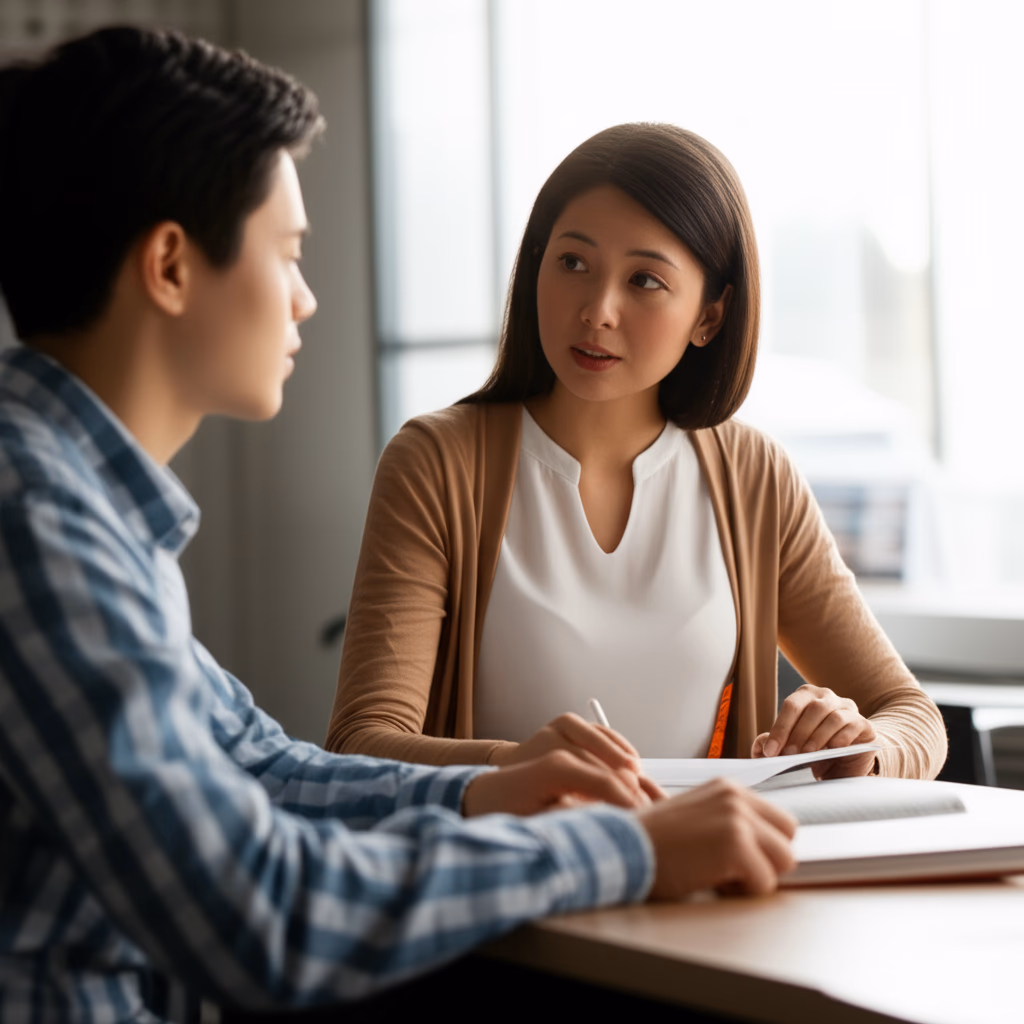 A close-up image of a female tutor and a male student engaged in a one-on-one teaching session, illustrating personalized learning and dedicated academic support.