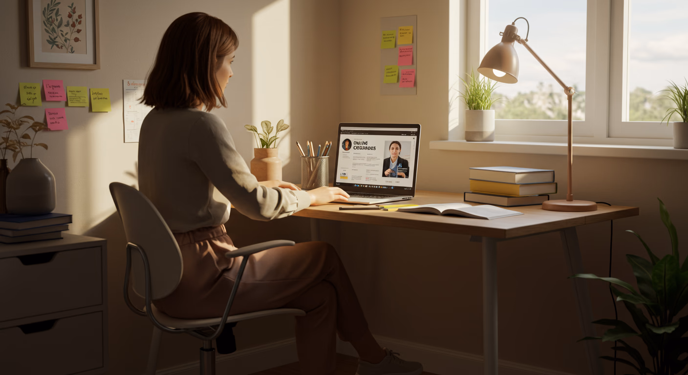 Online learning setup with laptop, books, and study materials on desk