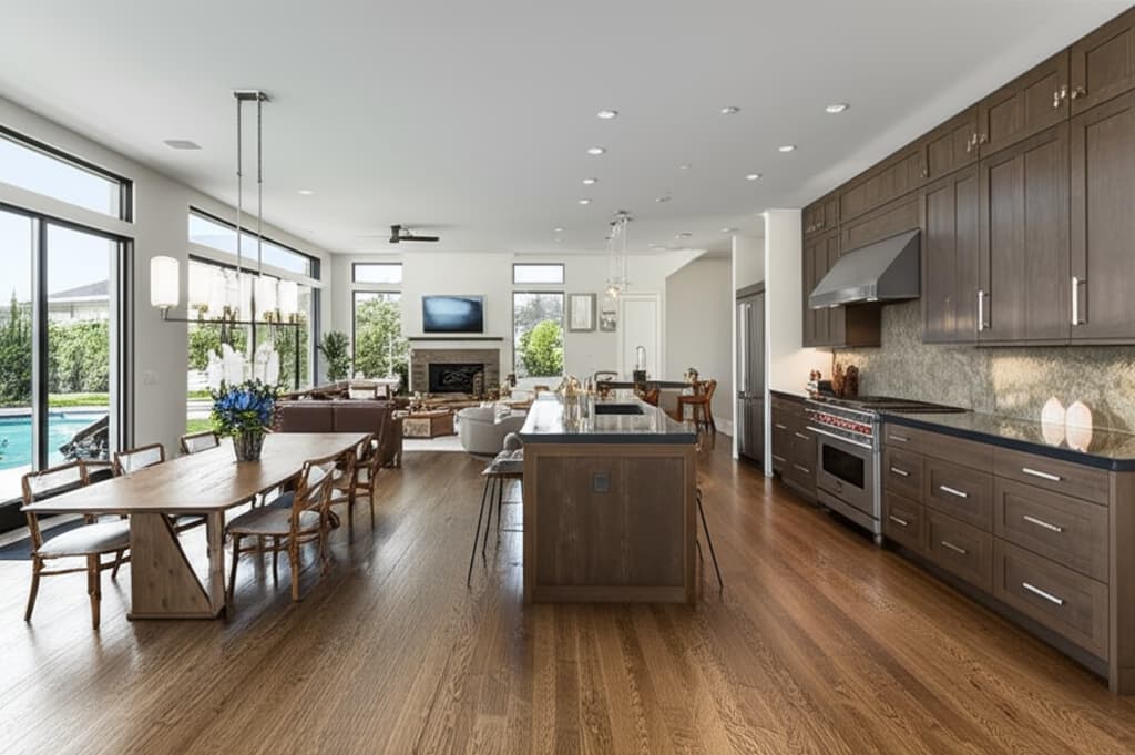Spacious modern open floor plan layout featuring a connected living room, dining area, and kitchen, filled with natural light and contemporary furniture, illustrating seamless home design.