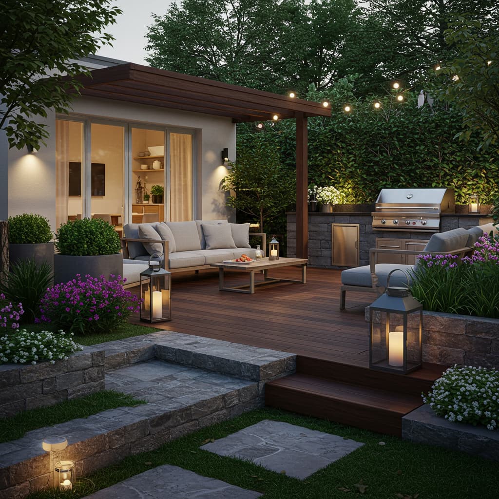 Outdoor patio design showing backyard living space with furniture and garden decor