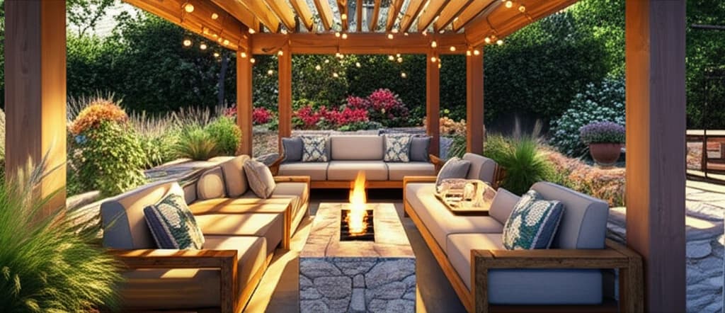 A beautifully designed natural outdoor patio featuring comfortable modern rustic seating, a natural stone fire pit, and a wooden pergola, surrounded by lush greenery, perfect for a cozy backyard retreat.