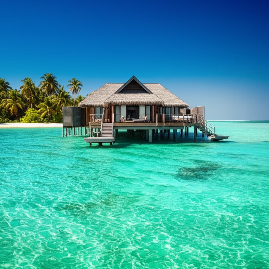 Hyper-realistic image of a luxurious overwater bungalow over crystal-clear turquoise water, surrounded by tropical palm trees and a serene ocean view, perfect for a dream vacation.