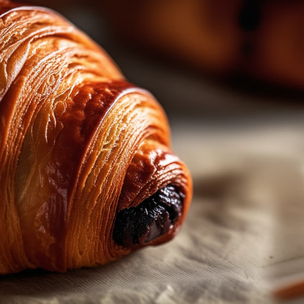 Close-up of a golden-brown, flaky pain au chocolat with visible dark chocolate filling, resting on a rustic wooden surface under soft light.