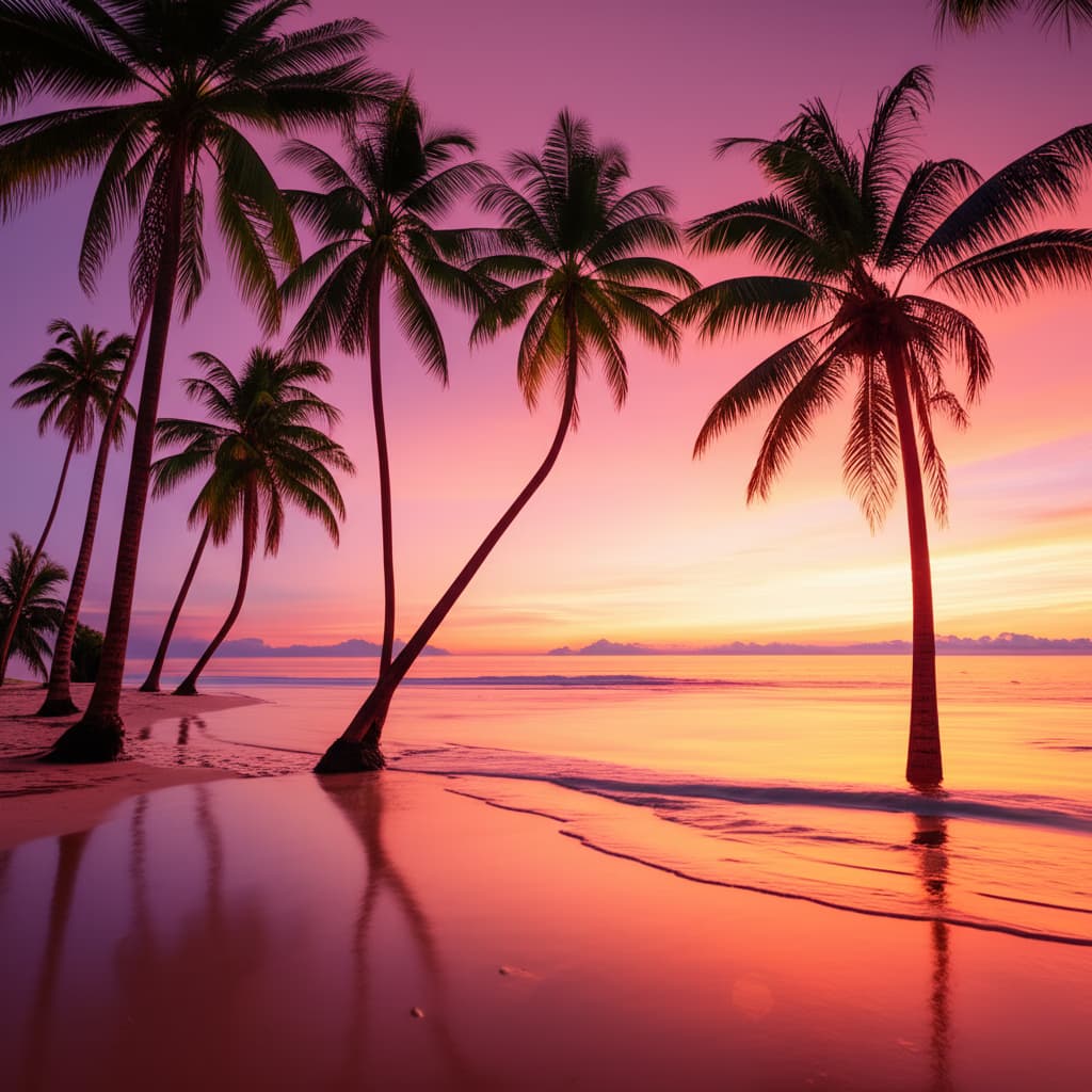 Silhouetted palm trees standing gracefully against a vibrant orange, pink, and purple sunset over a calm tropical ocean beach.