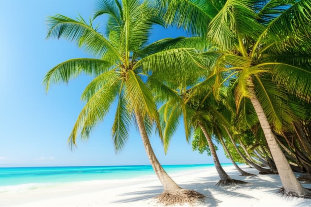 High-quality realistic image of lush palm trees on a tropical white sand beach with clear blue ocean and bright sky, optimized for search engines.